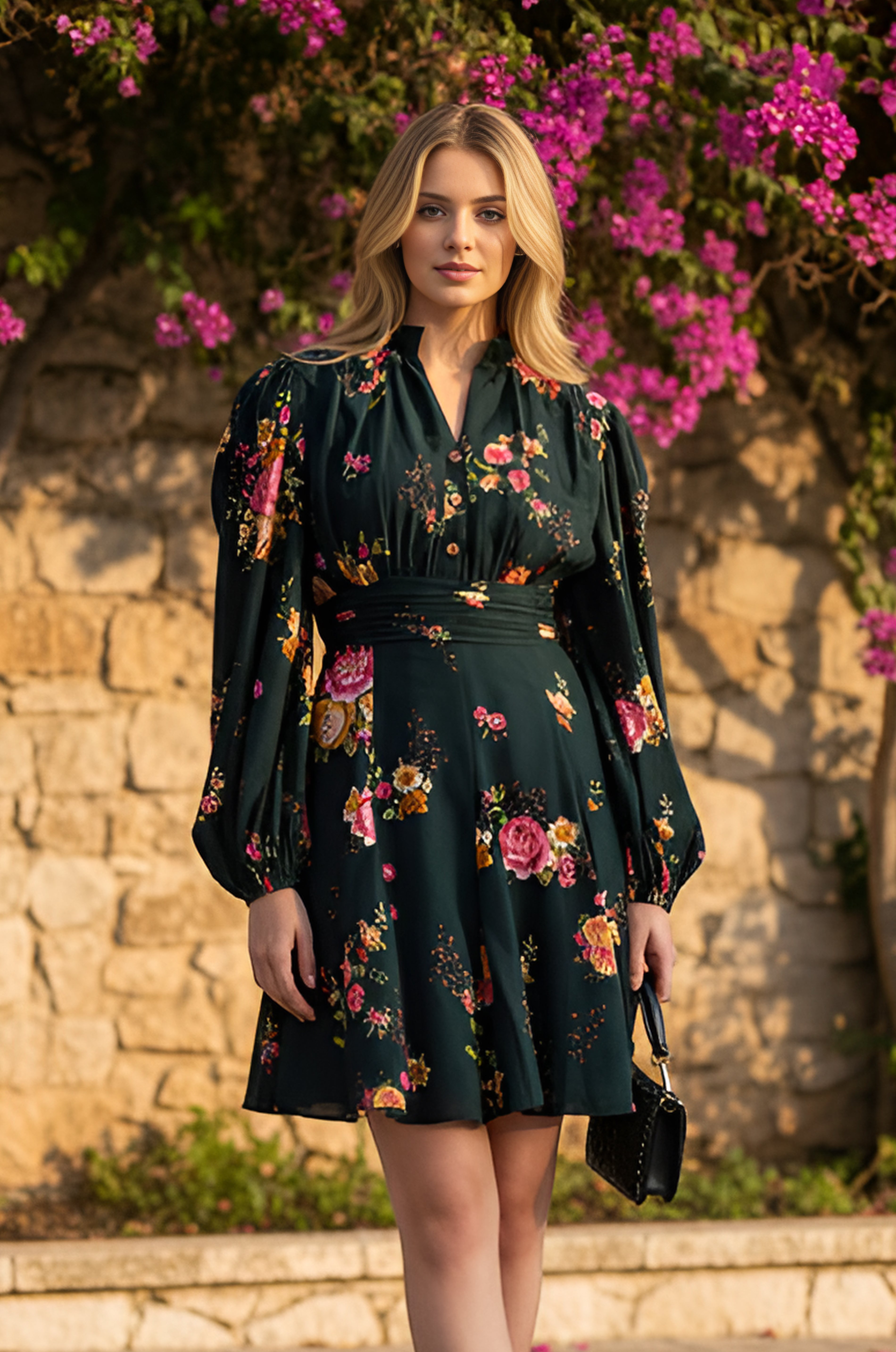 A woman in a Twilight Rose Short Casual Dress: Leah stands outdoors by a stone wall and blooming pink flowers, holding a small black handbag.